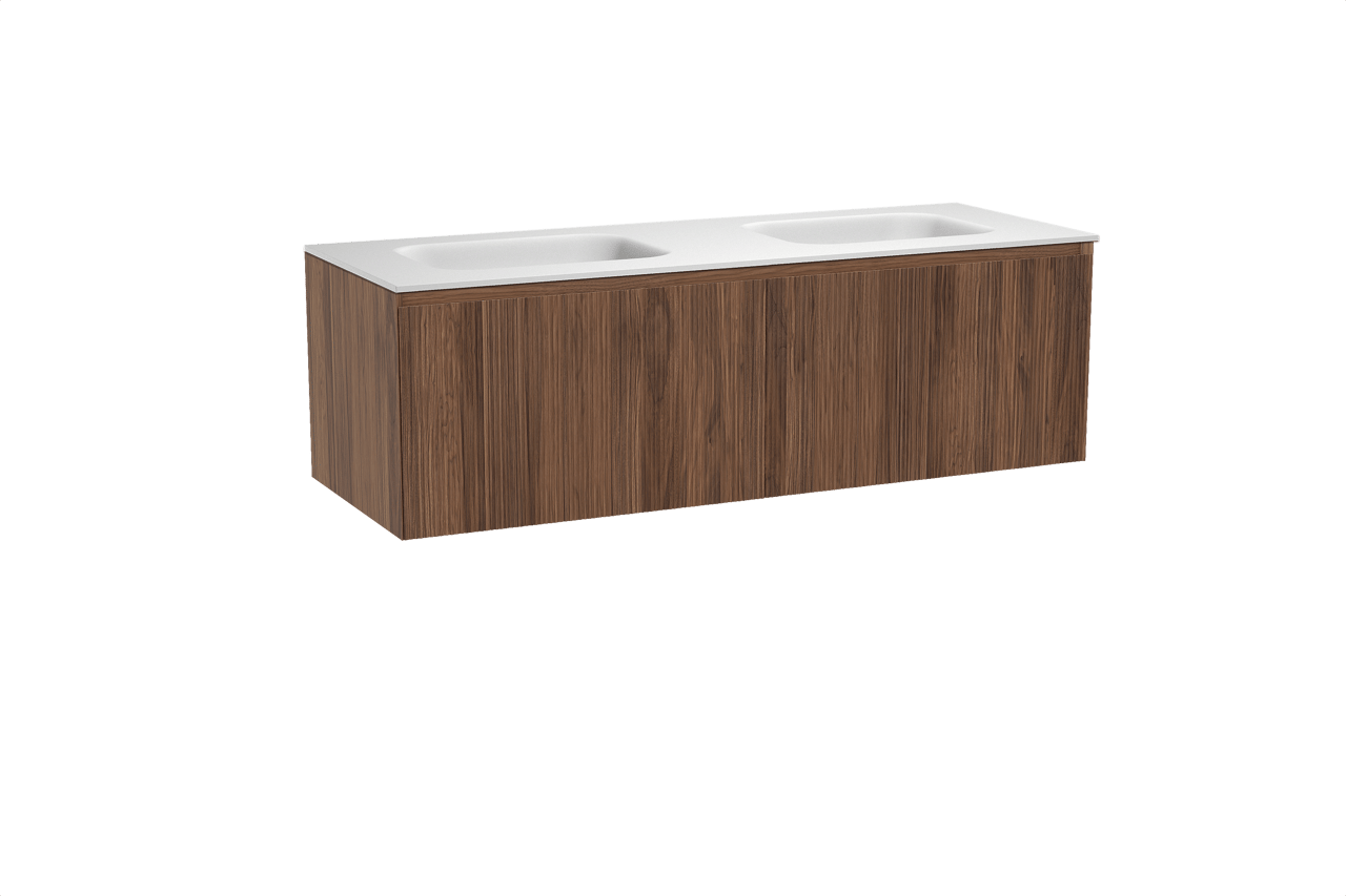 Balmani Fila meuble salle de bains suspendu 150 x 55 cm noyer avec Tablo Arcato double vasque en solid surface blanc mat, Nervure droite symétrique verticale