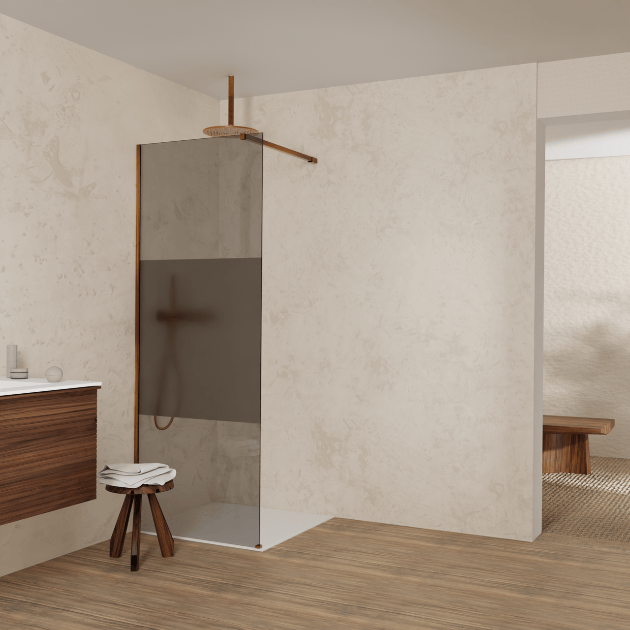 Balmani Modular douche à l'italienne: 80 x 200 cm, Verre fumé avec bande matte, avec coating, Profil Brushed Rosegold