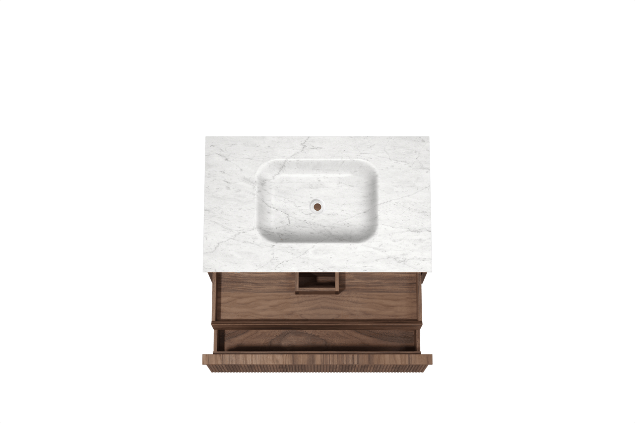 Balmani Forma zwevend badkamermeubel 90 x 55 cm amerikaanse notelaar met Tablo Arcato enkele wastafel in marmer carrara, Verticale symmetrische rechte ribbel