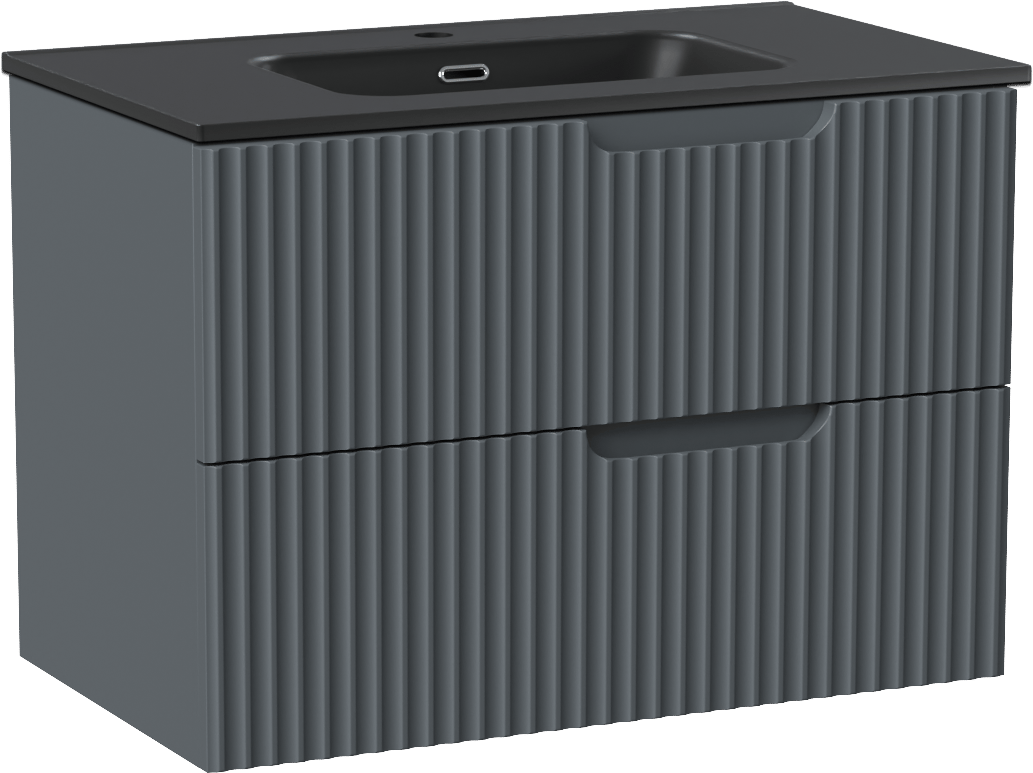 Linie Ribbo zwevend badmeubel 80 x 46 cm blauw antraciet met Baro enkele wastafel in porselein mat zwart, Verticale symmetrische ronde ribbel