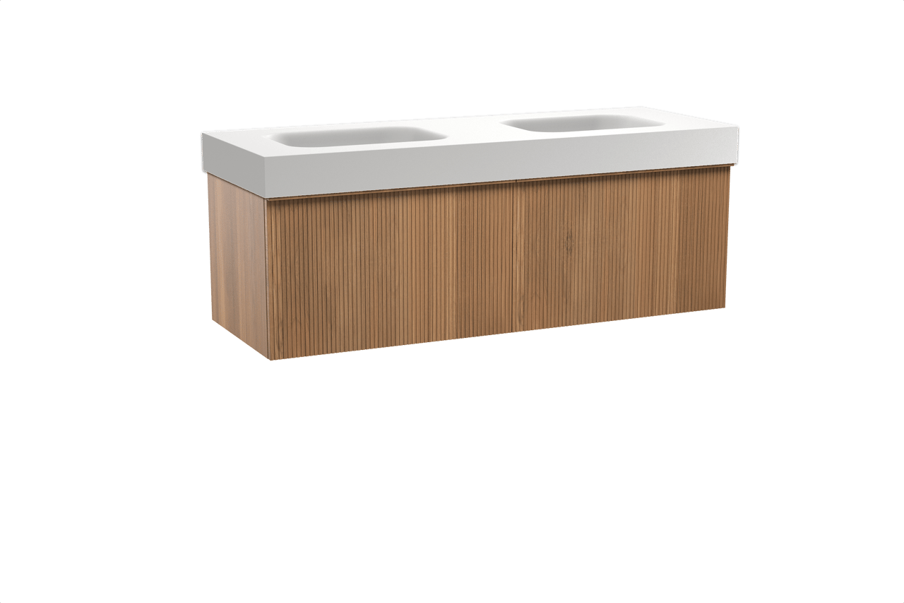 Balmani Forma hängendes Möbelstück Set: 150 x 55 cm, Teak, mit Arcato Doppelwaschtisch, Solid Surface, Weiß matt, Vertikale symmetrische gerade Rippe