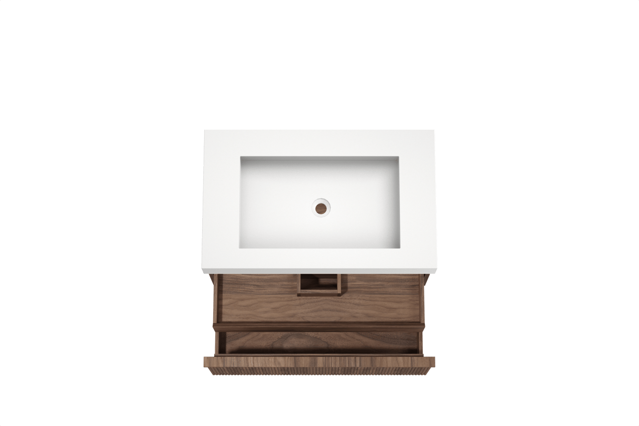 Balmani Forma hängendes Möbelstück Set: 90 x 55 cm, Amerikanischer Nussbaum, mit Modus Einzelwaschtisch, Solid Surface, Weiß matt, Vertikale symmetrische gerade Rippe