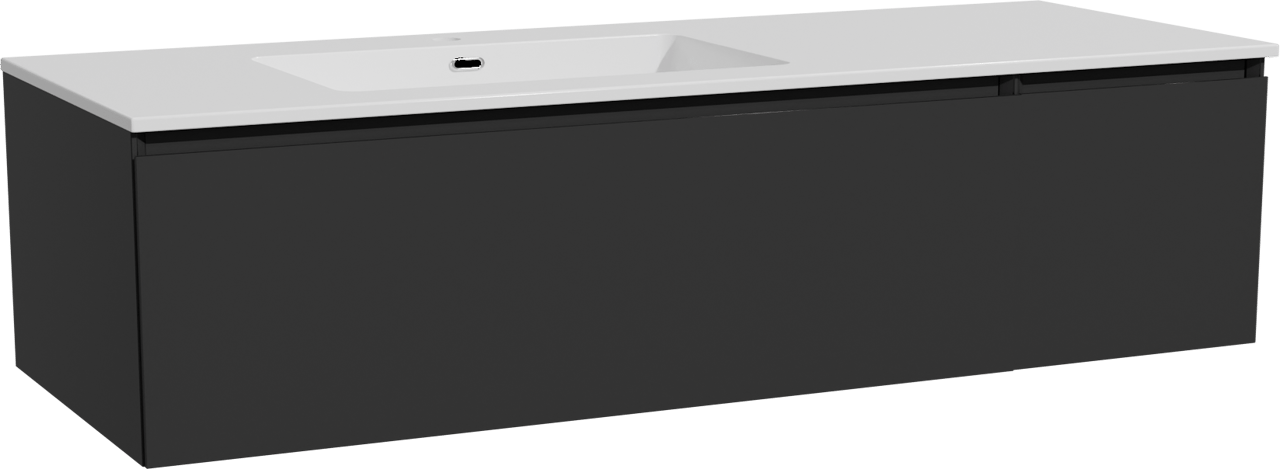 Storke Edge hängendes Möbelstück Set: 140 x 52 cm, Schwarz matt, mit Diva Waschtisch links, Marmorkomposit Weiß glänzend