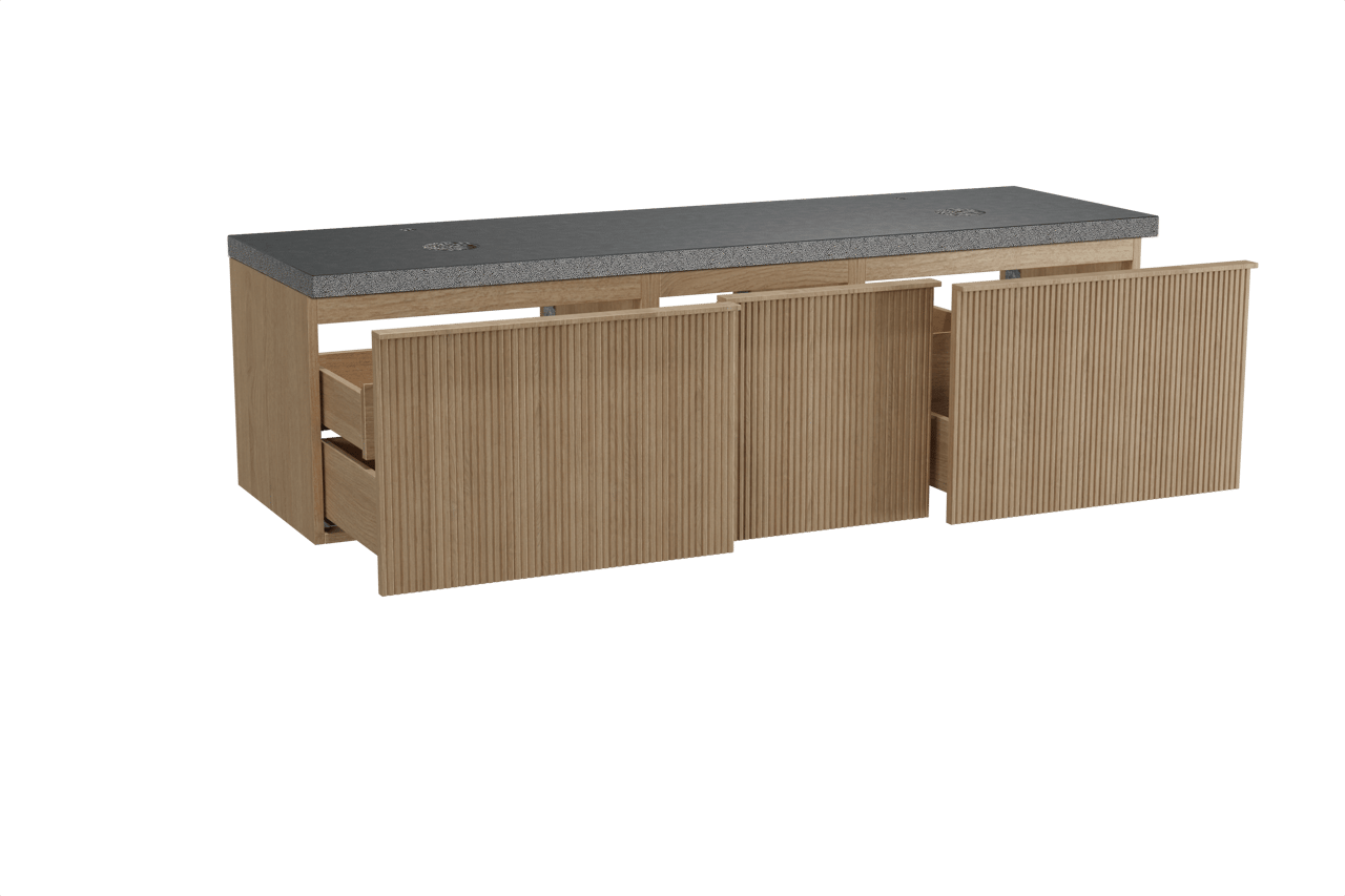 Balmani Forma hängendes Möbelstück Set: 180 x 55 cm, Naturbelassene Eiche, mit Rock Doppel Waschtischplatte, Granit, Schwarzes Granit, Vertikale symmetrische gerade Rippe