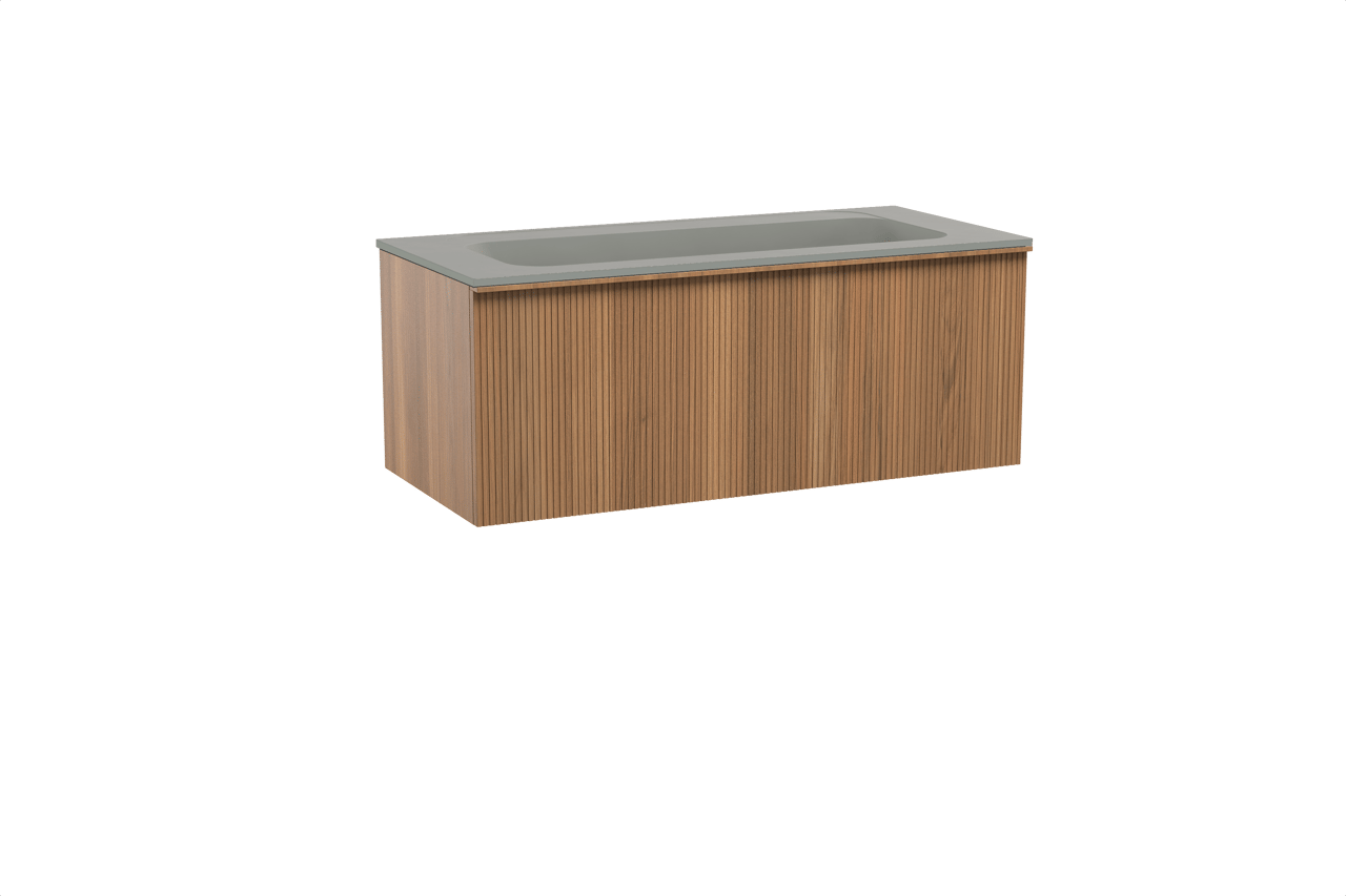 Balmani Forma meuble salle de bains suspendu 120 x 55 cm teck avec Tablo Strada plan simple pour 2 trous de robinet en marbre composite soie grise, Nervure droite symétrique verticale