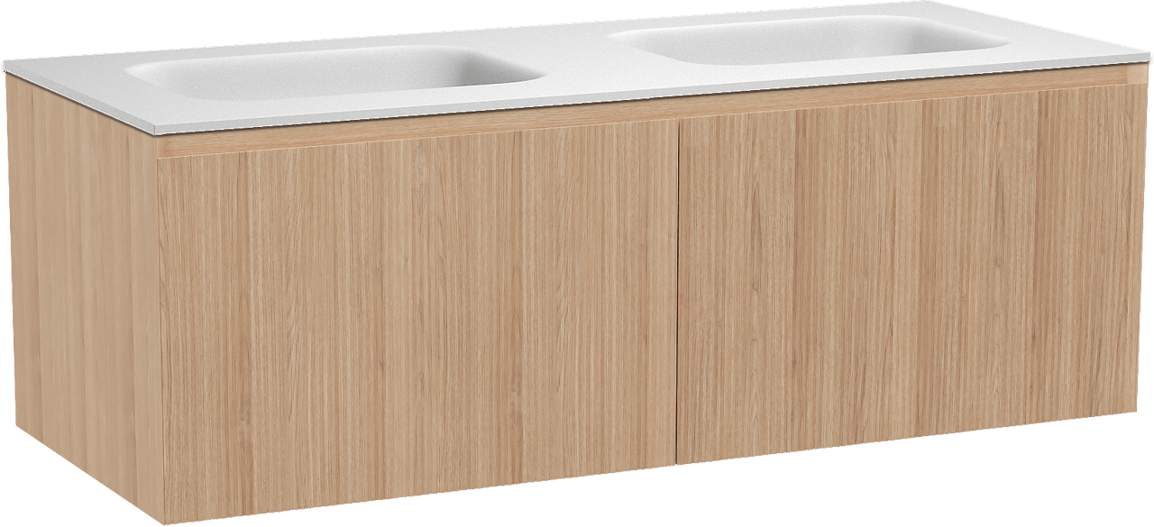 Balmani Fila meuble salle de bains suspendu 135 x 55 cm chêne naturel avec Tablo Arcato double vasque en solid surface blanc mat, Nervure droite symétrique verticale