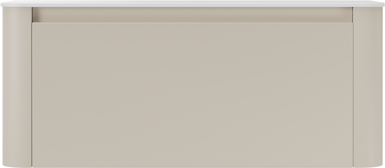 Storke Soft zwevend badkamermeubel 120 x 46 cm Sand mat met Tavola Soft enkele of dubbele tablet in solid surface mat wit
