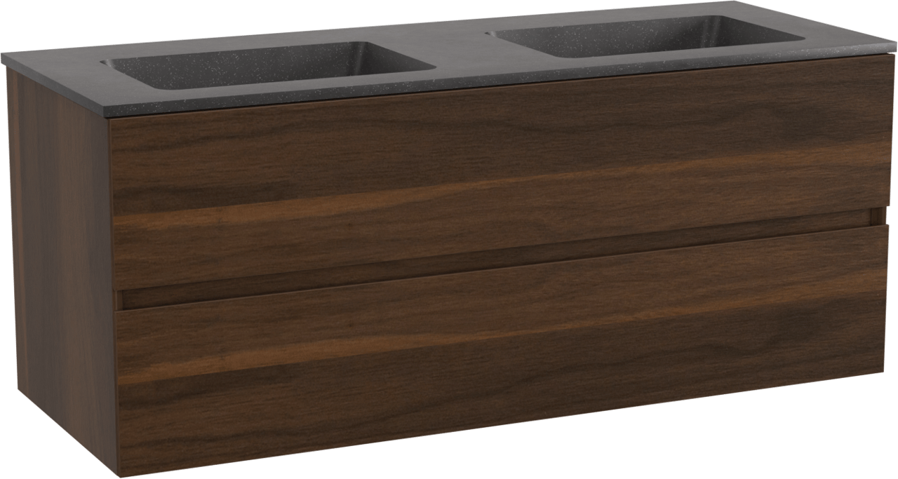 Storke Edge zwevend badkamermeubel 120 x 46 cm notelaar met Scuro dubbele wastafel in kwarts mat zwart