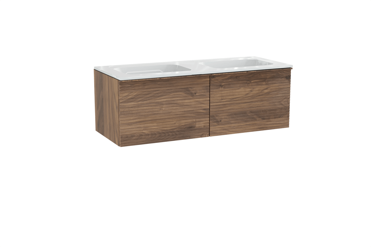 Balmani Forma zwevend badkamermeubel 135 x 55 cm amerikaanse notelaar met Tablo Strada dubbele wastafel in composietmarmer glanzend wit, Horizontale symmetrische rechte ribbel