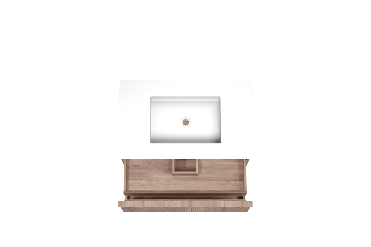 Balmani Forma zwevend badkamermeubel 90 x 55 cm teak met Tablo Stretto enkele wastafel in solid surface mat wit, Verticale symmetrische rechte ribbel
