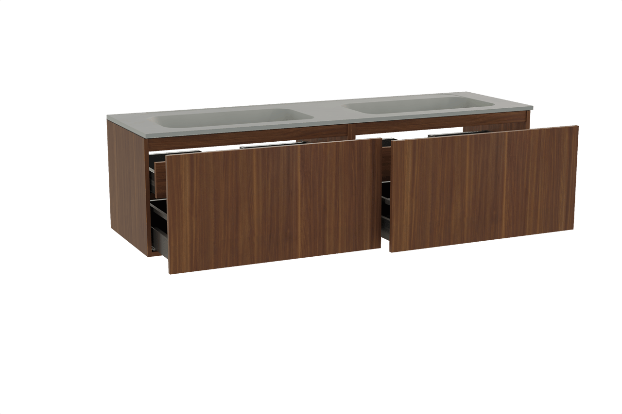 Balmani Sfera hängendes Möbelstück Set: 180 x 55 cm, Amerikanischer Nussbaum, mit Tablo Strada Doppelwaschtisch, Marmorkomposit Seidengrau