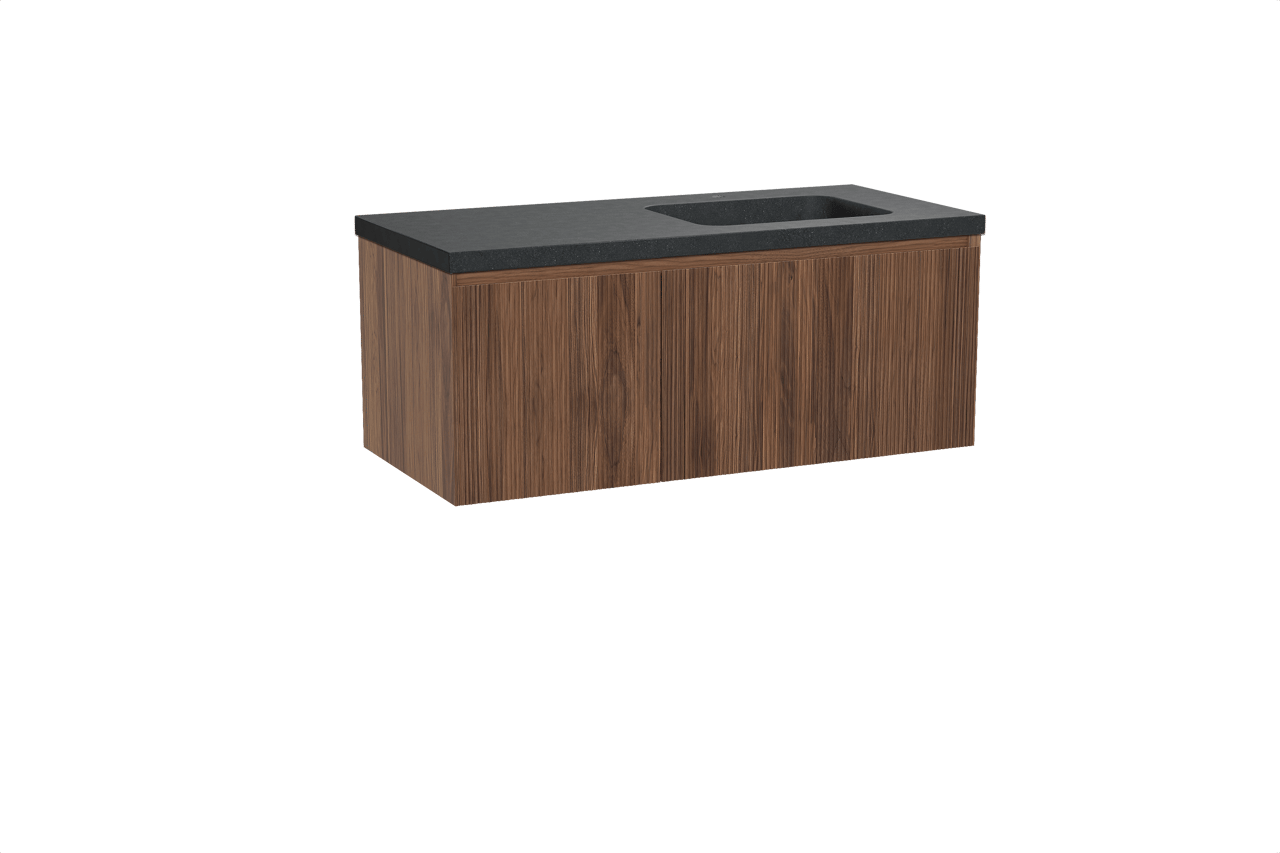 Balmani Fila hängendes Möbelstück Set: 120 x 55 cm, Nussbaum, mit Napoli Waschtisch rechts, Granit, Schwarzes Granit, Vertikale symmetrische gerade Rippe