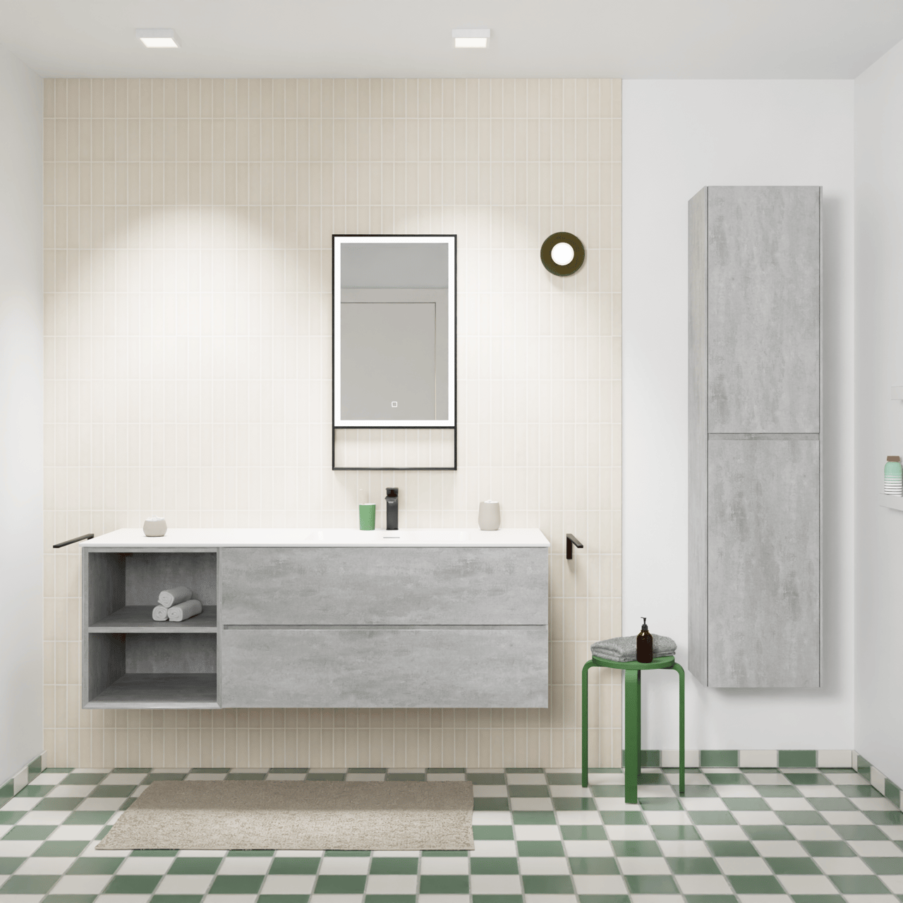 Storke Edge meuble salle de bains suspendu 150 x 52 cm béton gris foncé avec Mata plan vasque asymétrique à droite en solid surface blanc mat