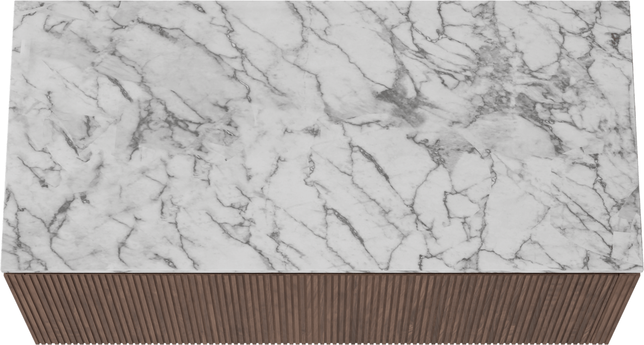 Balmani Eclips zwevend badkamermeubel 120 x 55 cm Amerikaanse notelaar met Stretto enkel of dubbel tablet in Carrara marmer, Verticale symmetrische rechte ribbel