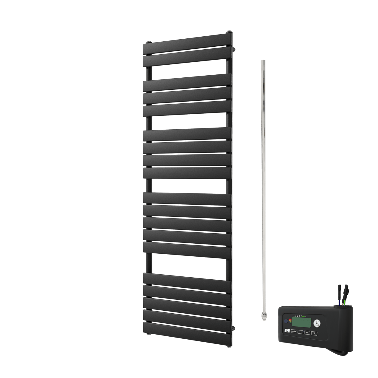 Vipera Vulcan Einzel Handtuchheizkörper 60 x 180 cm Elektrische Heizung schwarz matt Seiten- und Mittelanschluss 1.000W, inkl. Widerstand