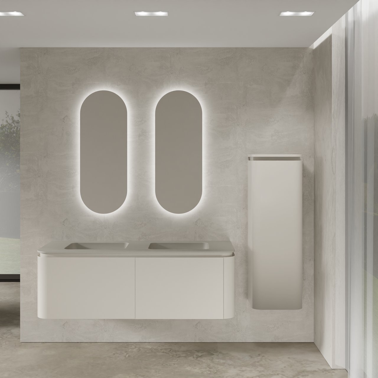 Balmani Moon hängendes Möbelstück Set: 160 x 55 cm, Seidengrau, mit Moon Doppelwaschtisch, Top Solid Seidengrau mit 2 Giro Badspiegel und Moon Badhochschrank