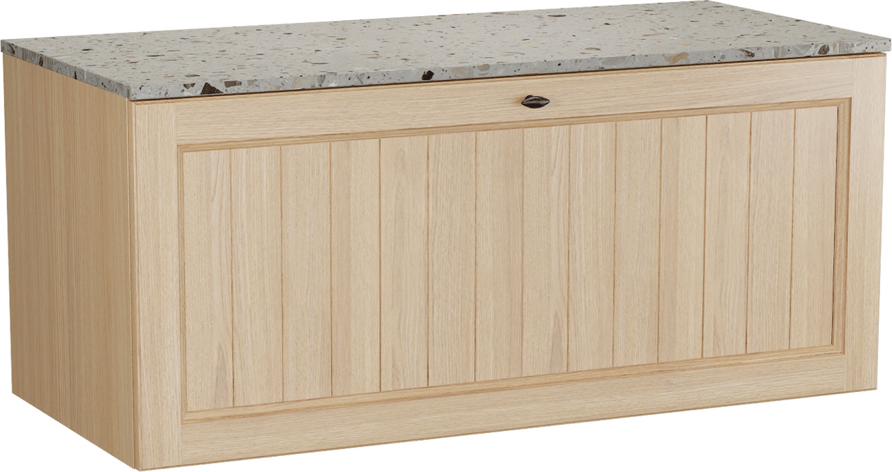 Balmani Lemon hängendes Möbelstück Set: 120 x 55 cm, Naturbelassene Eiche Furnier, mit Stretto Einzel- oder Doppel Waschtischplatte, Terrazzo in Greige