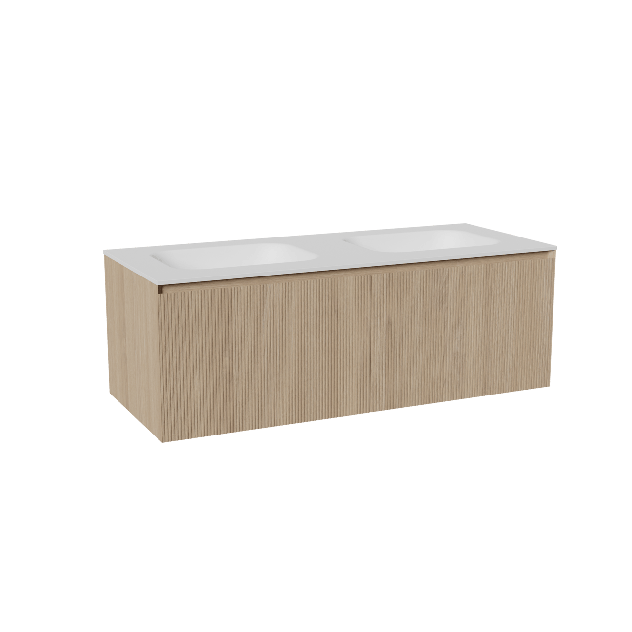 Balmani Fila zwevend badkamermeubel 135 x 55 cm natuur eik met Tablo Arcato dubbele wastafel in solid surface mat wit, Verticale symmetrische rechte ribbel