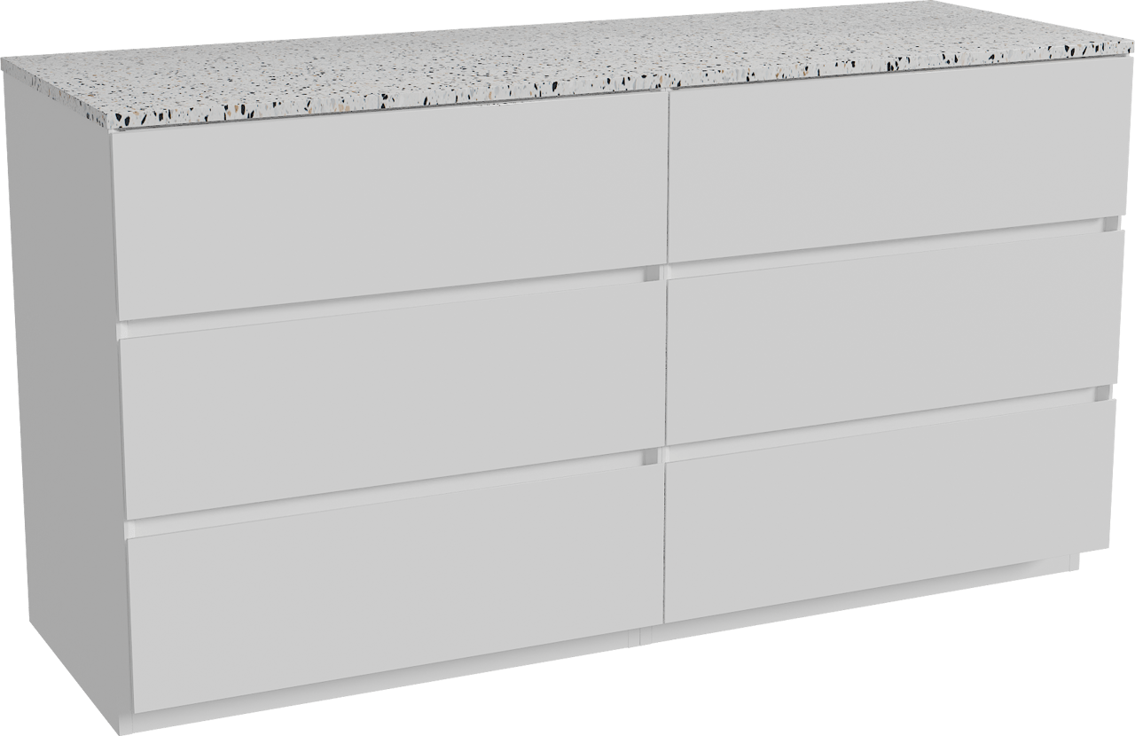 Storke Edge freistehendes Möbelstück Set: 150 x 52 cm, Weiß matt, mit Tavola Einzel- oder Doppel Waschtischplatte, Terrazzo in Weiß/Schwarz matt