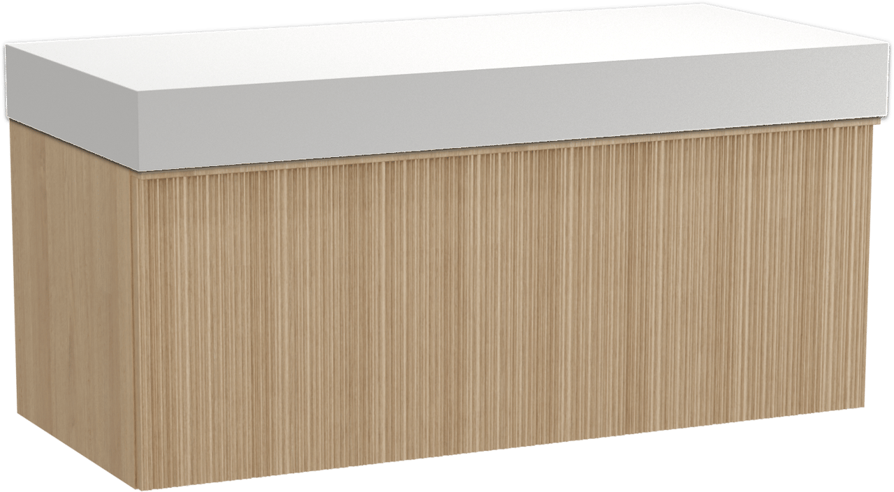Balmani Forma meuble salle de bains suspendu 120 x 55 cm chêne naturel avec Dominus tablette simple ou double en solid surface blanc mat, Nervure circulaire asymétrique verticale