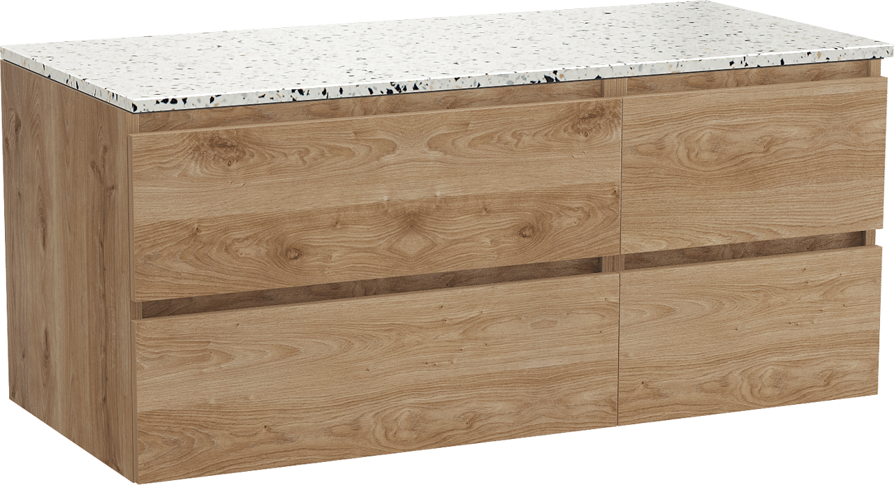 Balmani Lucida meuble salle de bains suspendu 120 x 55 cm chêne brut avec Stretto tablette simple ou double en blanc/noir mat terrazzo