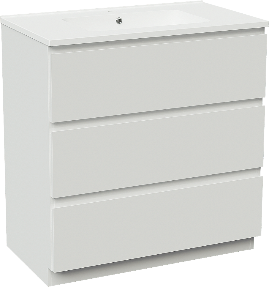 Linie Lado freistehendes Möbelstück Set: 80 x 46 cm, Weiß glänzend, mit Vano Einzelwaschtisch, Marmorkomposit Weiß matt