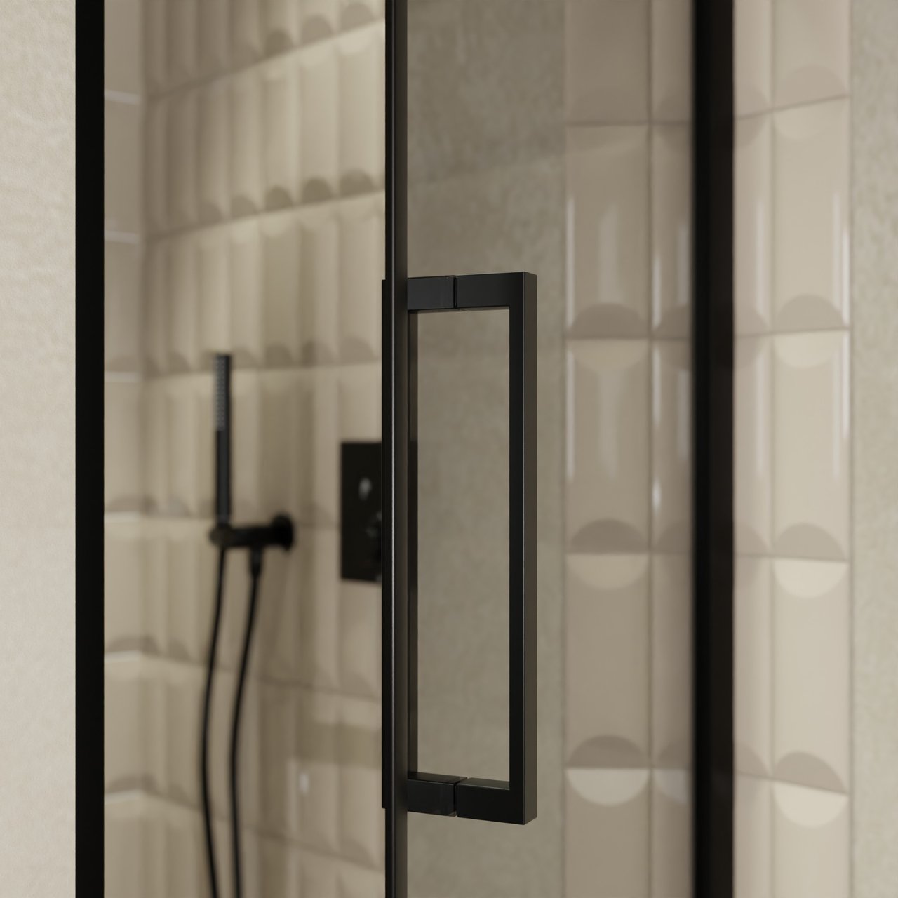 Balmani Senses Design porte pivotante à droite 90 cm x 210 cm verre Miroir Reflex, Profil noir, coating inclus