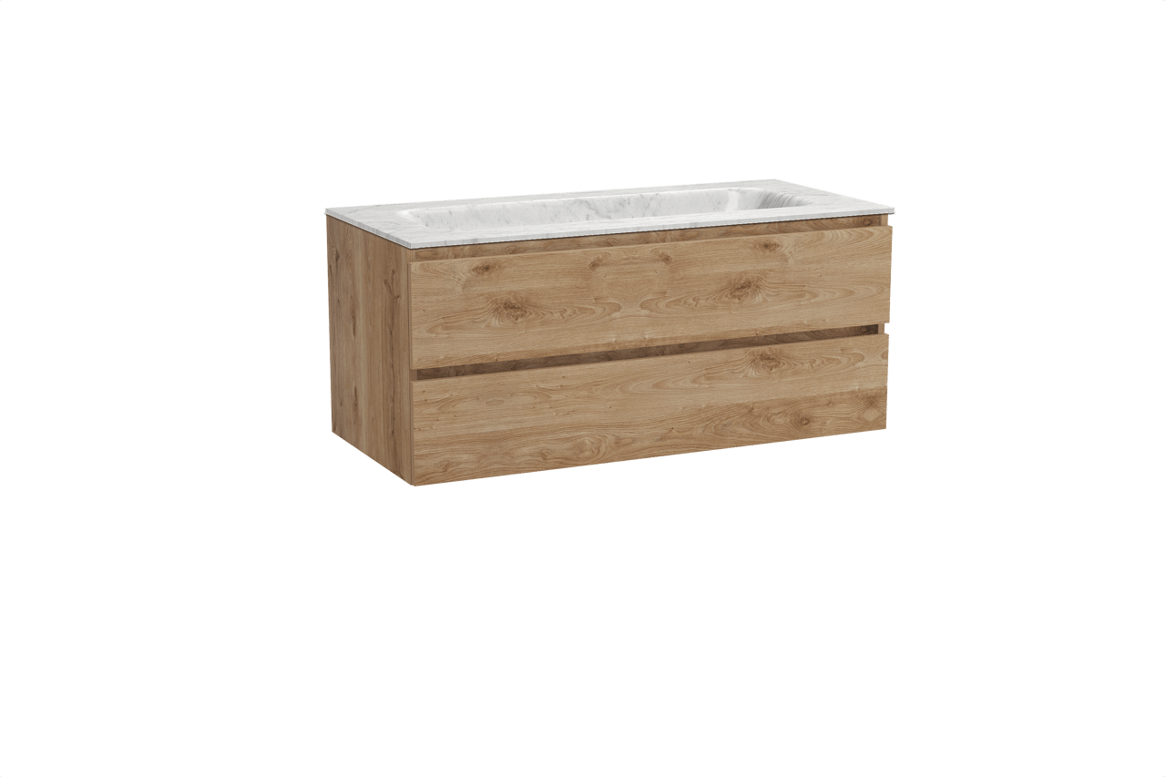 Balmani Lucida hängendes Möbelstück Set: 120 x 55 cm, Rohe Eiche, mit Tablo Arcato Einzelwaschtisch, Marmor Carrara