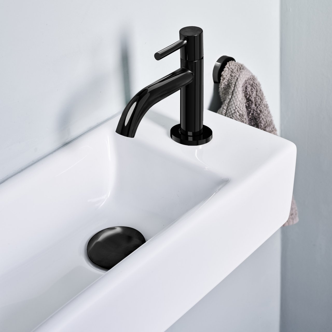 Luca Varess Cubic midi Lave-mains blanc brillant Porcelaine droite 40,5 x 20 cm avec robinet noir brillant et fournitures