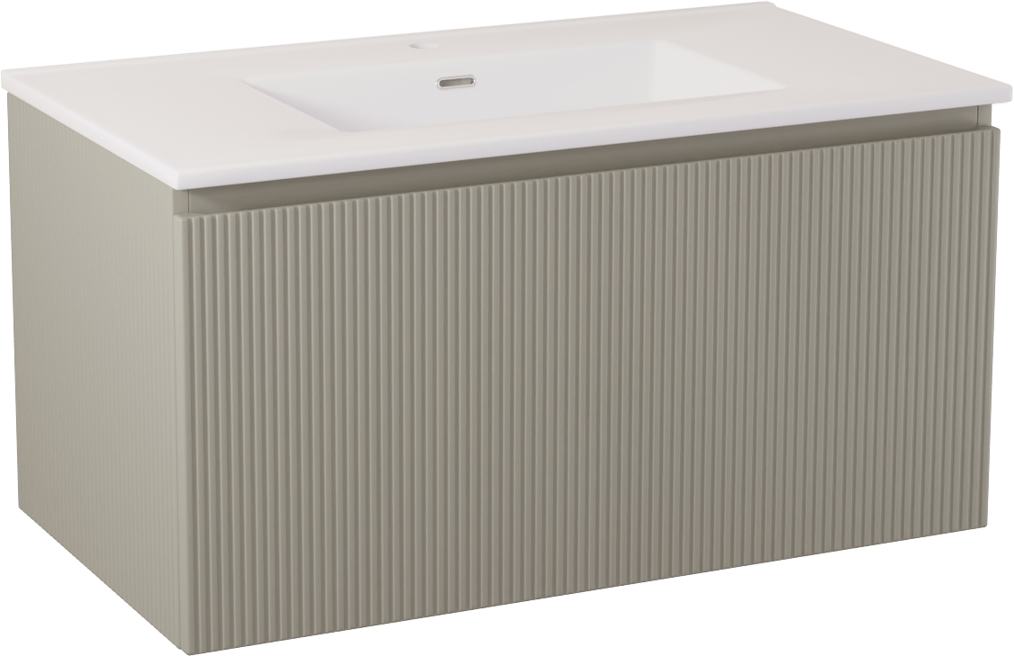 Storke Ribs zwevend badmeubel 95 x 52 cm zijdegrijs met Kera enkele wastafel in porselein hoogglans wit, afvoerplug inbegrepen