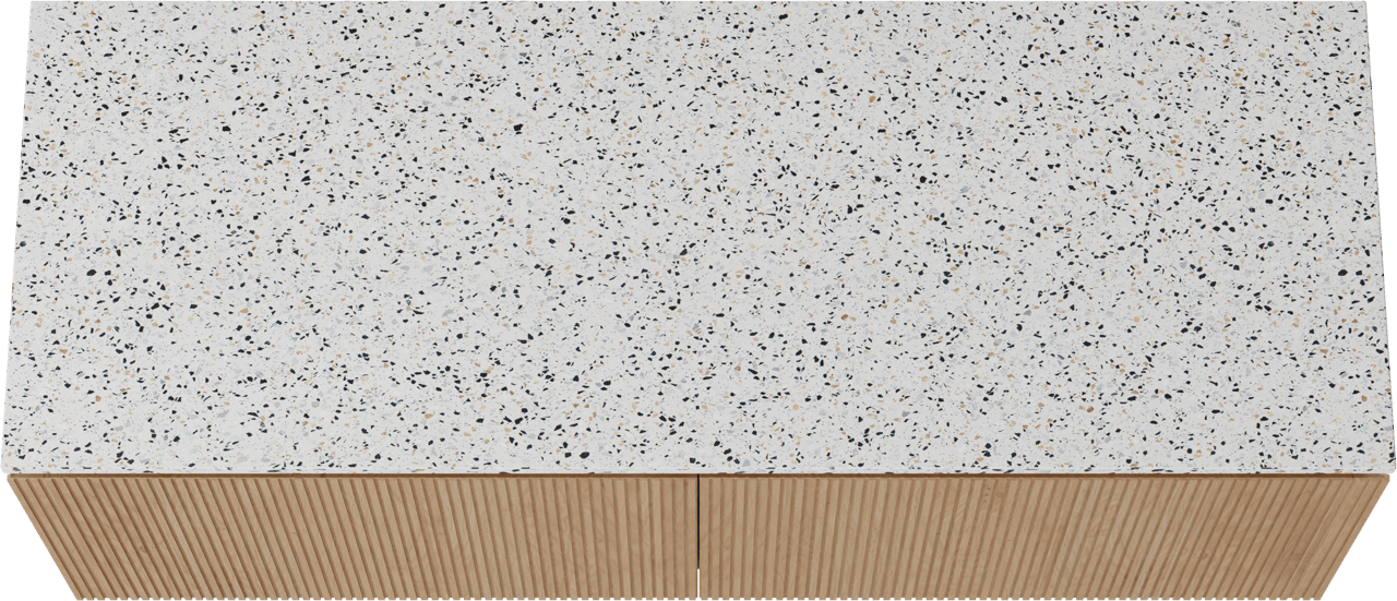 Balmani Eclips hängendes Möbelstück Set: 150 x 55 cm, Eiche Natur, mit Stretto Einzel- oder Doppel Waschtischplatte Bianco Nero Terrazzo, Vertikale symmetrische gerade Rippe