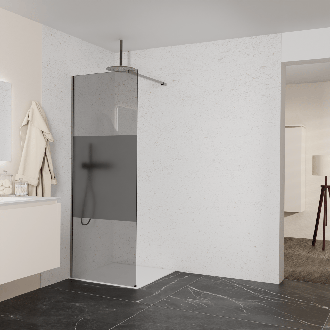 Balmani Modular douche à l'italienne: 80 x 200 cm, Verre fumé avec bande matte, avec coating, Profil Brushed GunMetal