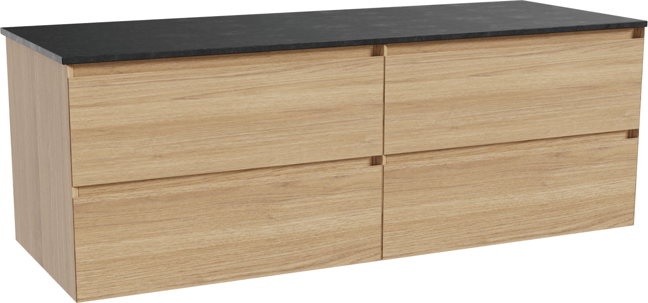 Balmani Mitra hängendes Möbelstück Set: 150 x 55 cm, Naturbelassene Eiche, mit Stretto Einzel- oder Doppel Waschtischplatte, Schwarzes Granit