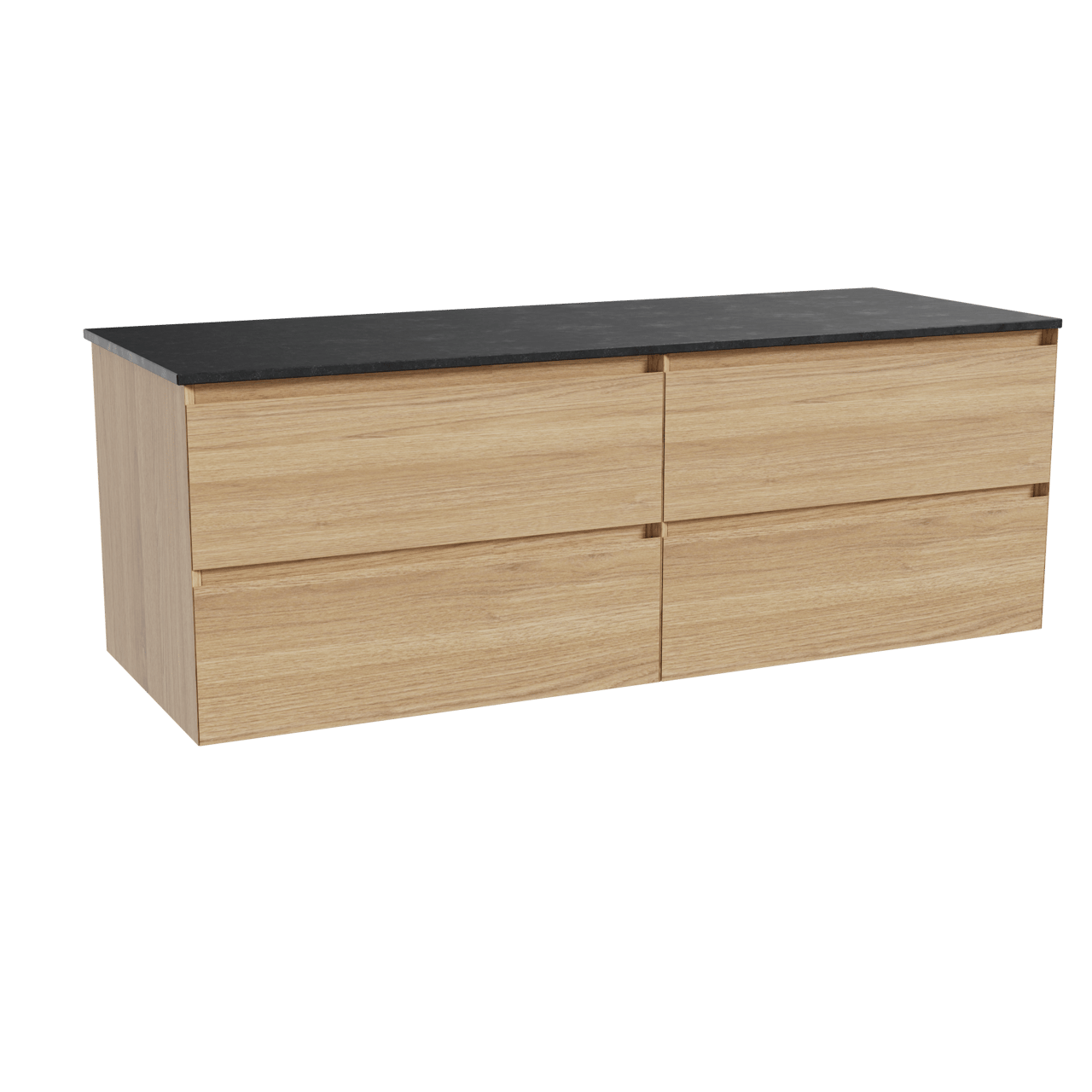 Balmani Mitra hängendes Möbelstück Set: 150 x 55 cm, Naturbelassene Eiche, mit Stretto Einzel- oder Doppel Waschtischplatte, Schwarzes Granit