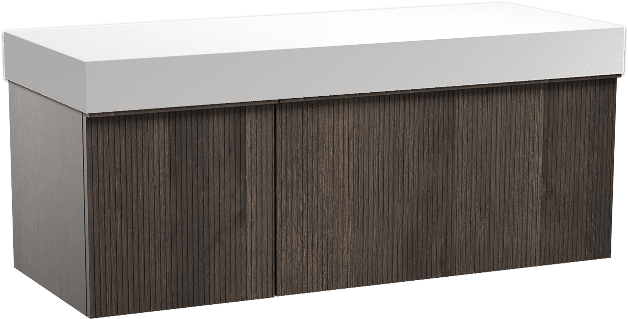 Balmani Forma meuble salle de bains suspendu 135 x 55 cm chêne fumé avec Dominus tablette simple ou double en solid surface blanc mat, Nervure droite symétrique verticale