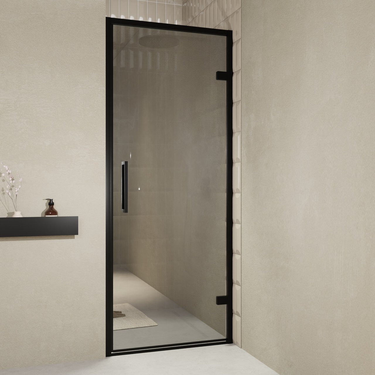 Balmani Senses Design porte pivotante à droite 90 cm x 210 cm verre Miroir Reflex, Profil noir, coating inclus