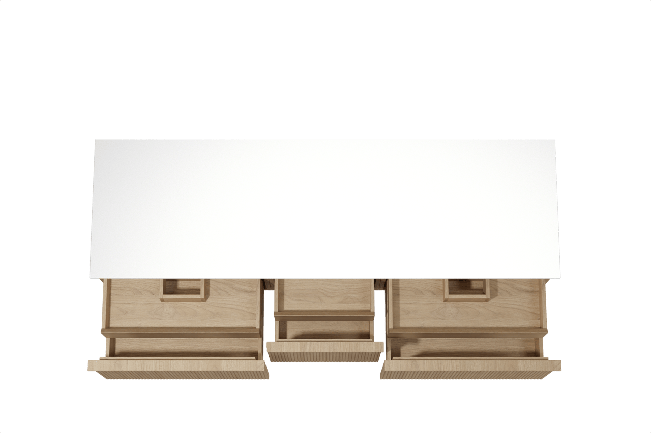 Balmani Forma meuble salle de bains suspendu 180 x 55 cm chêne naturel avec Stretto tablette simple ou double en solid surface blanc mat, Nervure droite symétrique verticale