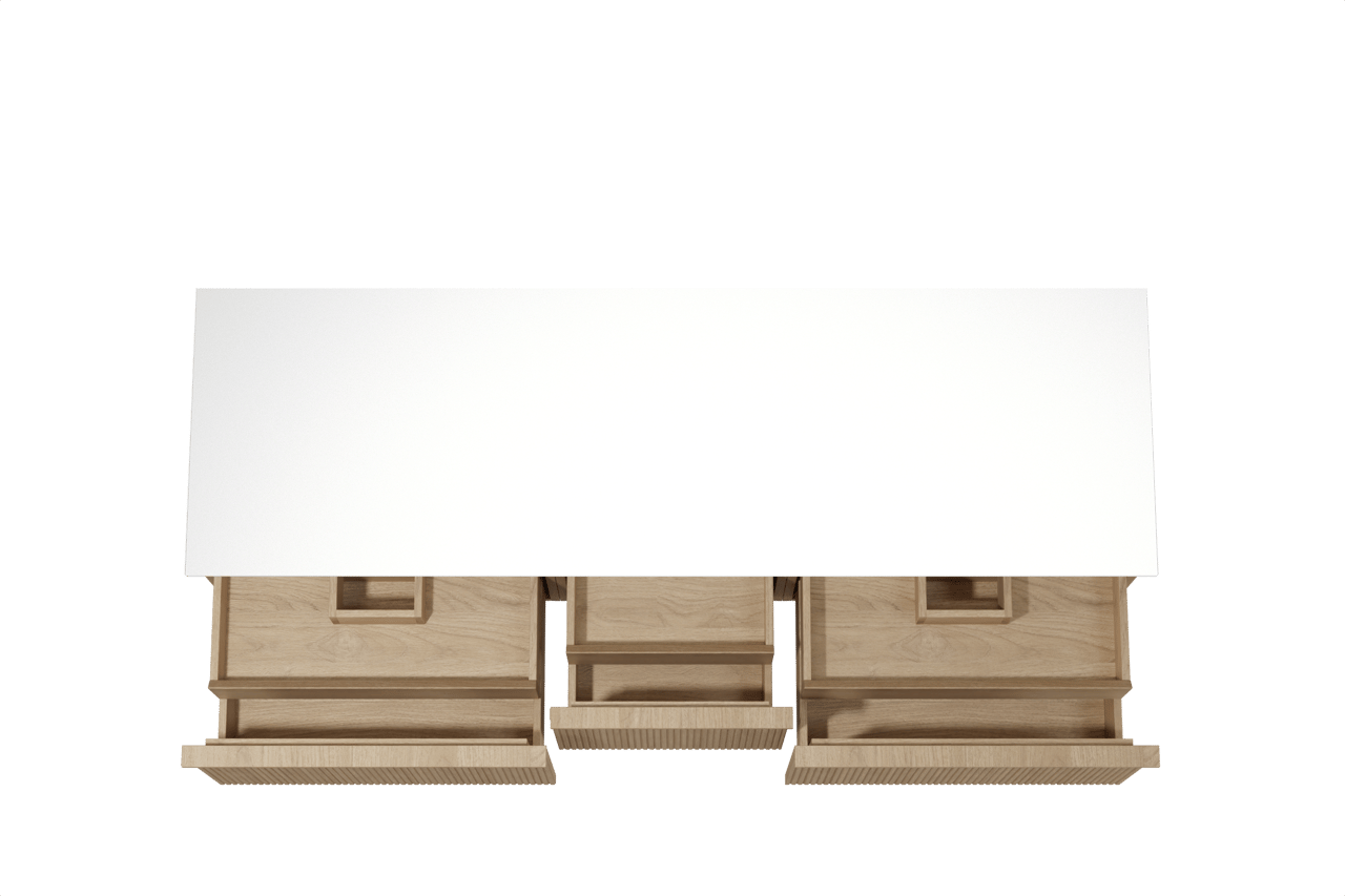 Balmani Forma zwevend badmeubel 180 x 55 cm naturel eiken met Stretto enkel of dubbel wastafelblad in solid surface mat wit, Verticale symmetrische rechte ribbel