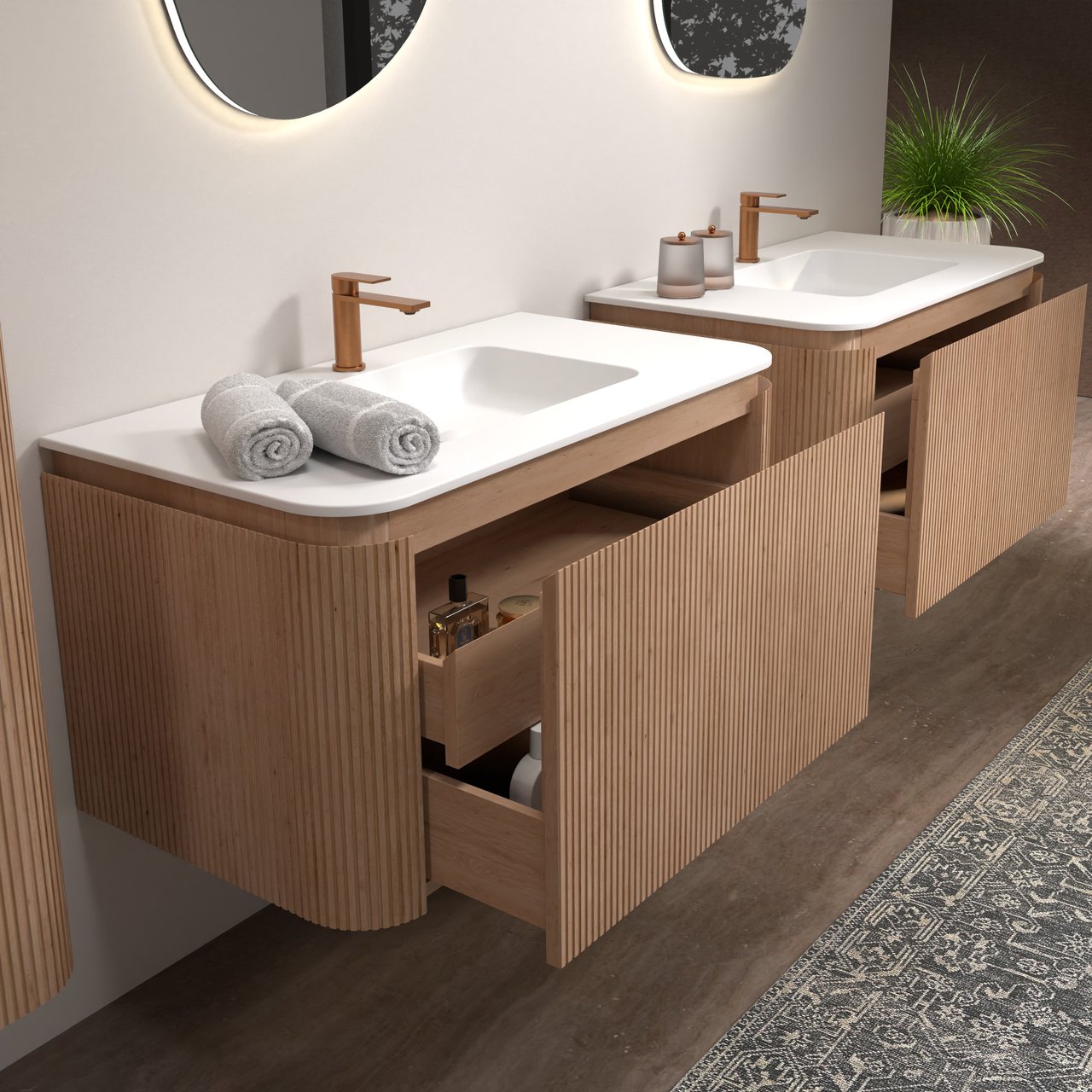 Balmani Moon hängendes Möbelstück Set: 100 x 55 cm, Naturbelassene Eiche, mit Moon Einzelwaschtisch, Solid Surface, Weiß matt, Vertikale symmetrische gerade Rippe