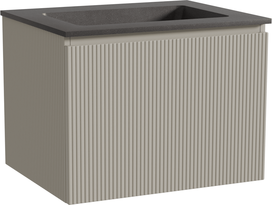 Storke Ribs zwevend badmeubel 65 x 52 cm zijdegrijs met Scuro enkele wastafel in kwarts mat zwart, Verticale symmetrische rechte ribbel