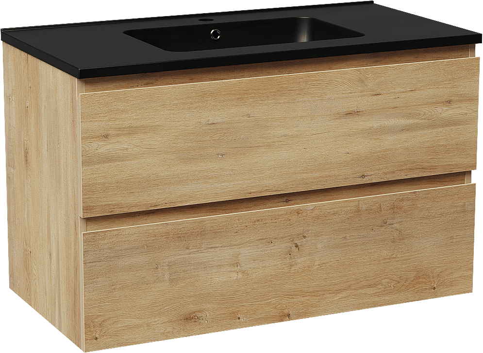 Linie Lado zwevend badmeubel 90 x 46 cm naturel eiken met Vano enkele wastafel in composietmarmer mat zwart