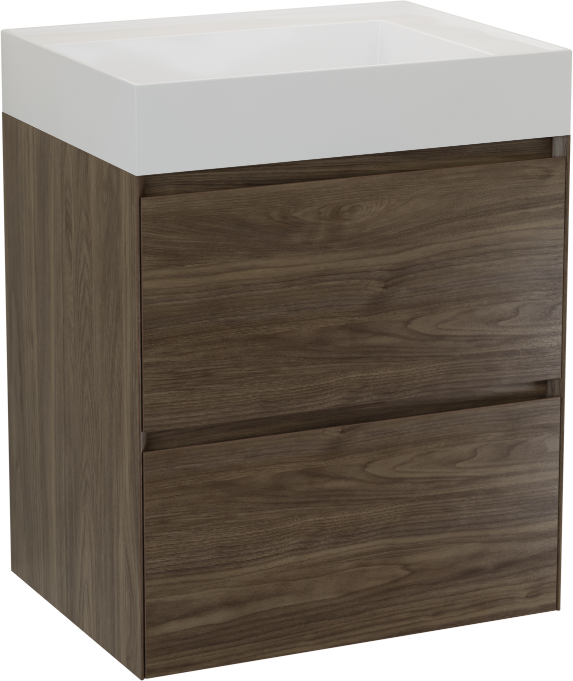 Balmani Mitra Compact hängendes Möbelstück Set: 60 x 46 cm, Amerikanischer Nussbaum, mit Argila Waschtisch links Marmorkomposit glänzend Weiβ