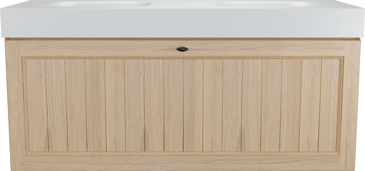 Balmani Lemon zwevend badkamermeubel 135 x 55 cm, fineer natuur eik met Arcato dubbele wastafel in mat wit