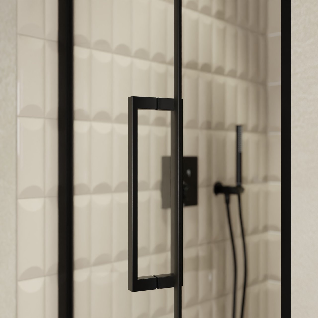 Balmani Senses Design porte pivotante à gauche 90 cm x 210 cm verre transparent, Profil noir, coating inclus