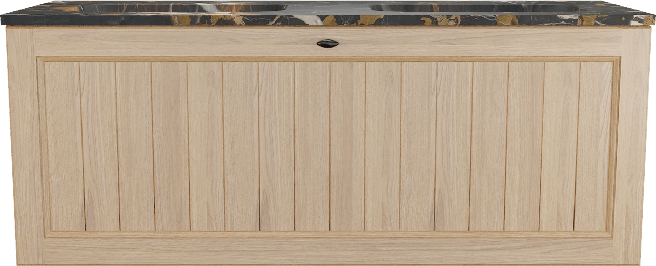 Balmani Lemon zwevend badkamermeubel 135 x 55 cm, fineer natuur eik met Tablo Arcato dubbele wastafel in portoro gold
