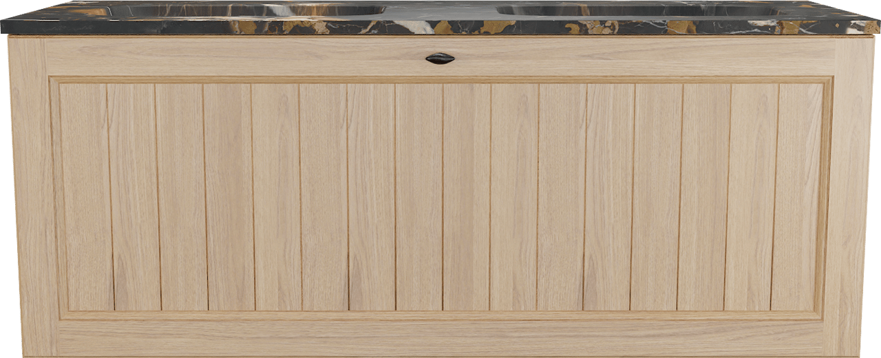 Balmani Lemon zwevend badkamermeubel 135 x 55 cm, fineer natuur eik met Tablo Arcato dubbele wastafel in portoro gold