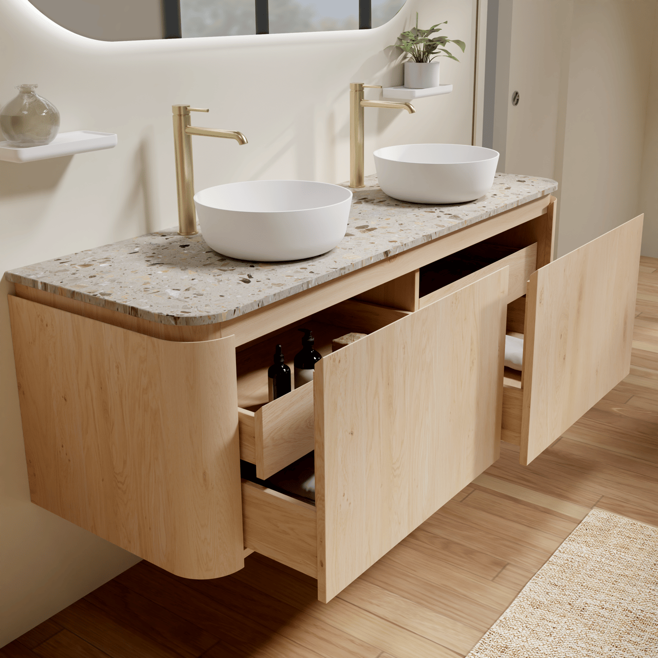 Balmani Moon hängendes Möbelstück Set: 160 x 55 cm, Naturbelassene Eiche, mit Moon Einzel- oder Doppel Waschtischplatte, Terrazzo in Greige