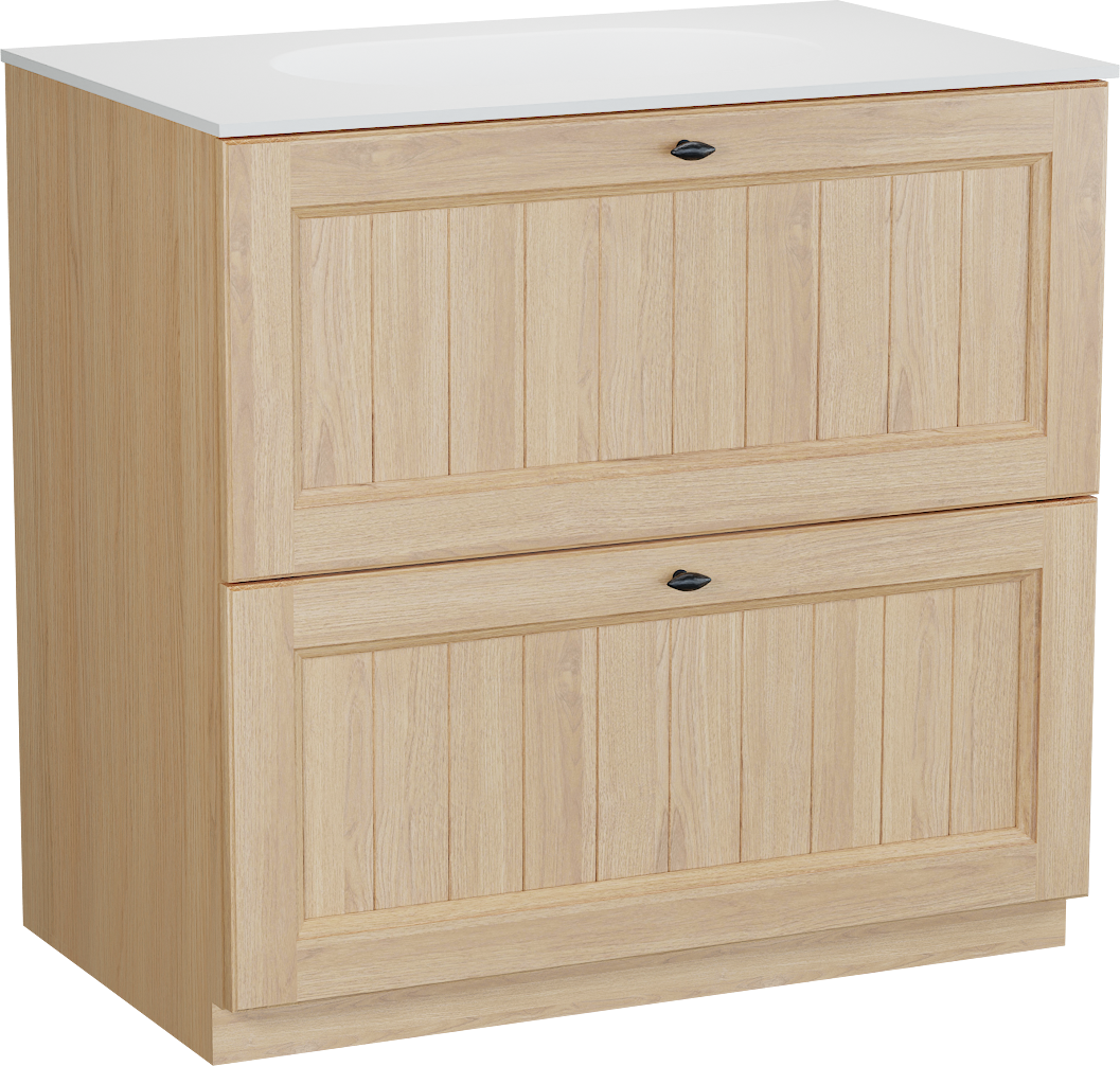 Balmani Lemon staand badkamermeubel 90 x 55 cm, fineer natuur eik met Tablo Oval enkele wastafel in mat wit