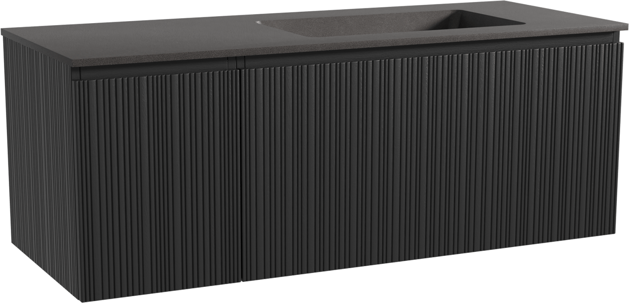 Storke Ribs zwevend badmeubel 130 x 52 cm zwart eiken met Scuro asymmetrisch rechtse wastafel in kwarts mat zwart, Verticale asymmetrische rechte ribbel