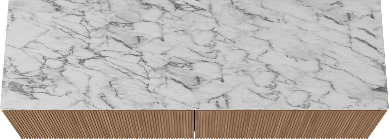 Balmani Eclips hängendes Möbelstück Set: 180 x 55 cm, Teak, mit Stretto Einzel- oder Doppel Waschtischplatte Carrara-Marmor, Vertikale symmetrische gerade Rippe